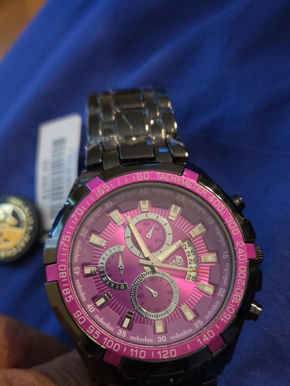 Men's Black Metal  AJ Sports Master Watch with Pink Dial
